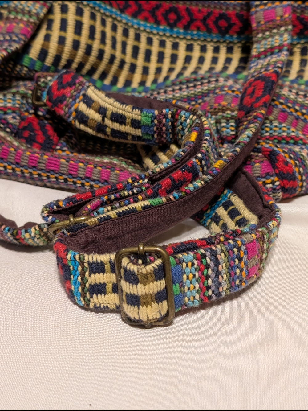 World Market Multicolor Woven Backpack with Brown Leather Buckle - Picture 3 of 10